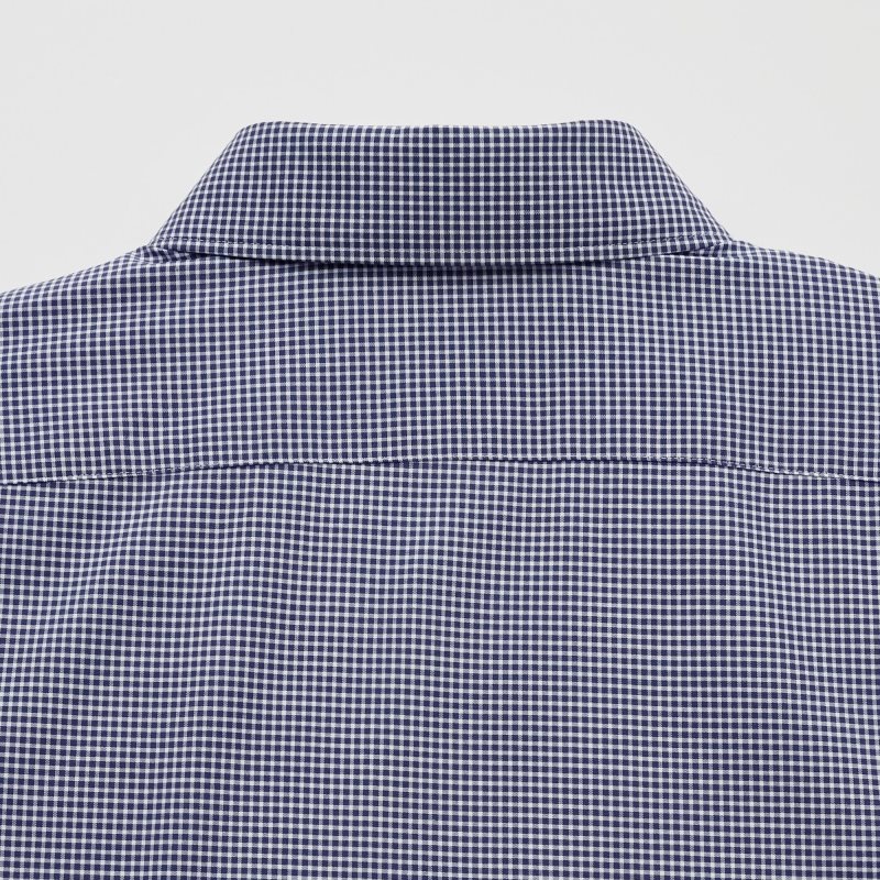 Navy Uniqlo Easy Care Checked Stretch Slim-fit Long-sleeve Men Shirts | 9558826