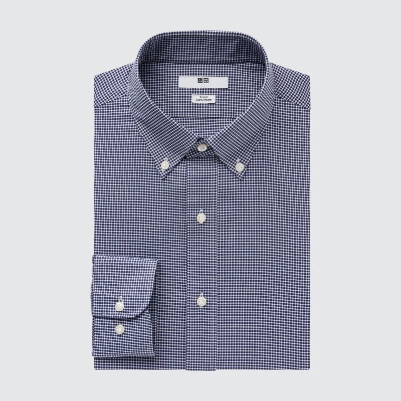 Navy Uniqlo Easy Care Checked Stretch Slim-fit Long-sleeve Men Shirts | 9558826