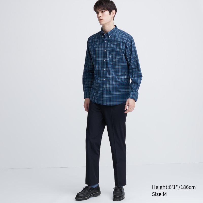 Navy Uniqlo Extra Fine Cotton Broadcloth Checked Long-sleeve Men Shirts | 2952488