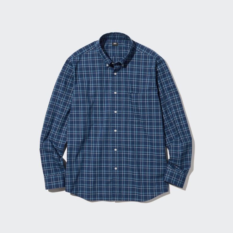 Navy Uniqlo Extra Fine Cotton Broadcloth Checked Long-sleeve Men Shirts | 2952488