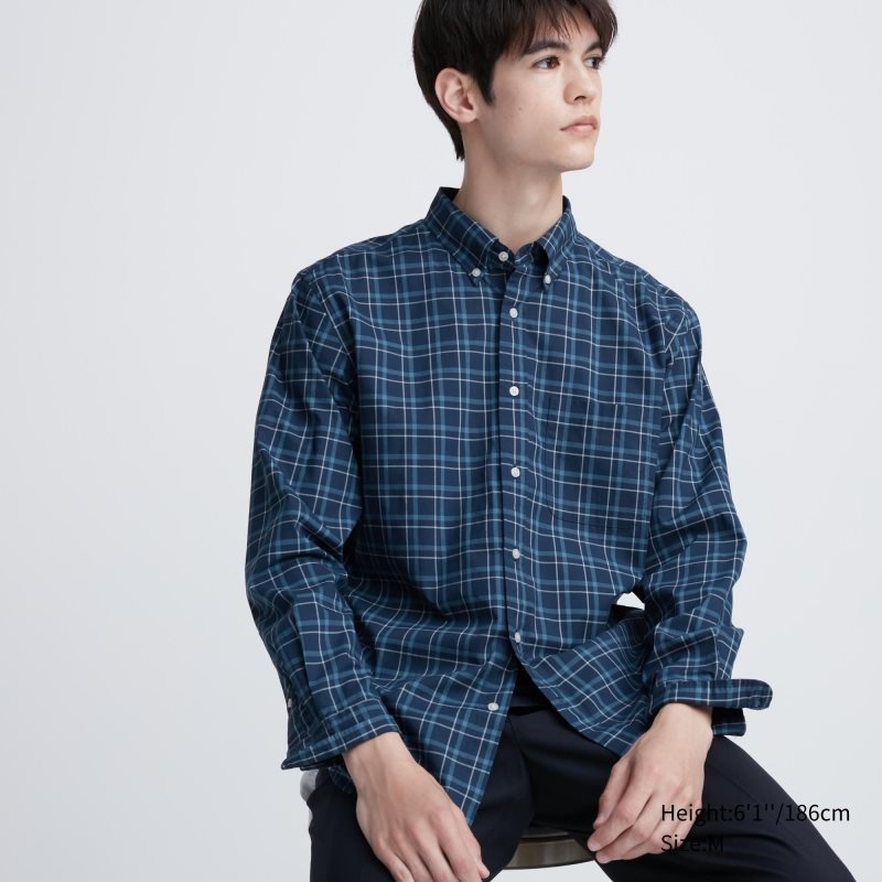 Navy Uniqlo Extra Fine Cotton Broadcloth Checked Long-sleeve Men Shirts | 2952488