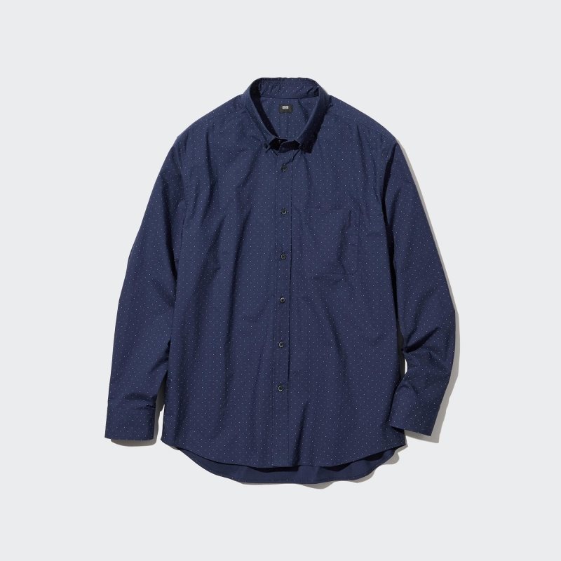 Navy Uniqlo Extra Fine Cotton Broadcloth Dotted Long-sleeve Men Shirts | 7578080