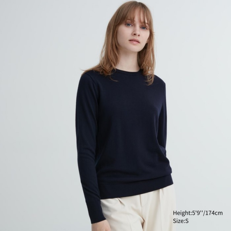 Navy Uniqlo Extra Fine Merino Crew Neck Long-Sleeve Women Sweaters | 9339705