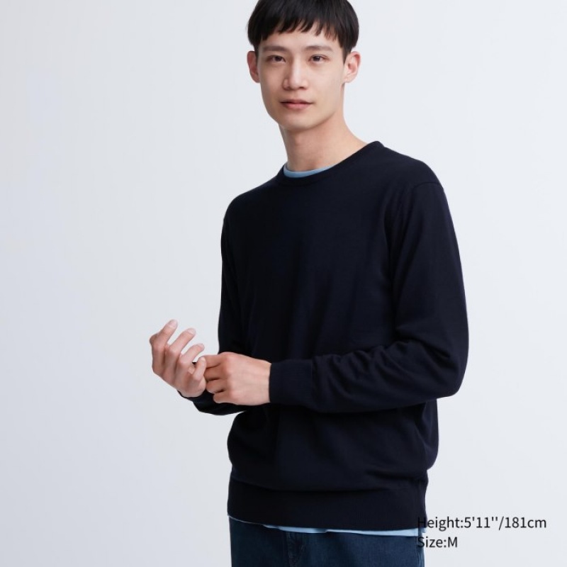 Navy Uniqlo Extra Fine Merino Crew Neck Long-Sleeve Women Sweaters | 6607874