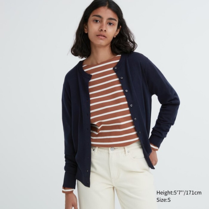 Navy Uniqlo Extra Fine Merino Crew Neck Women Cardigan | 9250512