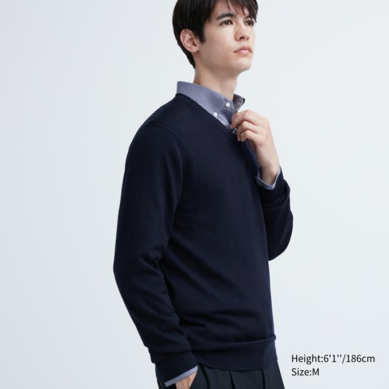 Navy Uniqlo Extra Fine Merino V-Neck Long-Sleeve Women Sweaters | 761112