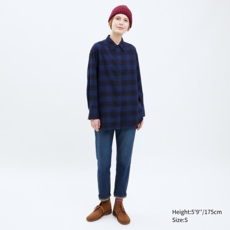 Navy Uniqlo Flannel Checked Long-Sleeve Long Women Shirts | 8781920