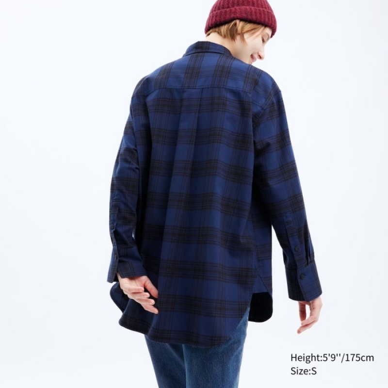 Navy Uniqlo Flannel Checked Long-Sleeve Long Women Shirts | 8781920
