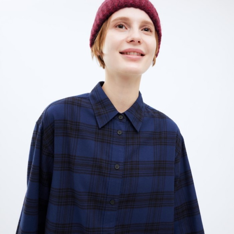 Navy Uniqlo Flannel Checked Long-Sleeve Long Women Shirts | 8781920