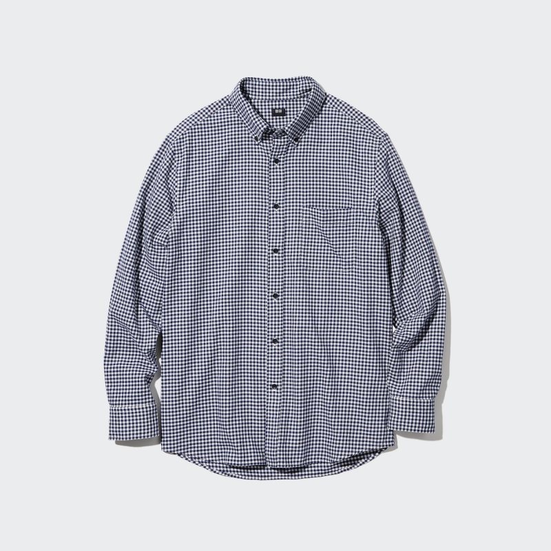 Navy Uniqlo Flannel Checked Long-sleeve Men Shirts | 8597460