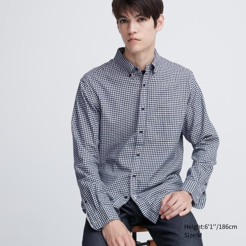 Navy Uniqlo Flannel Checked Long-sleeve Men Shirts | 8597460