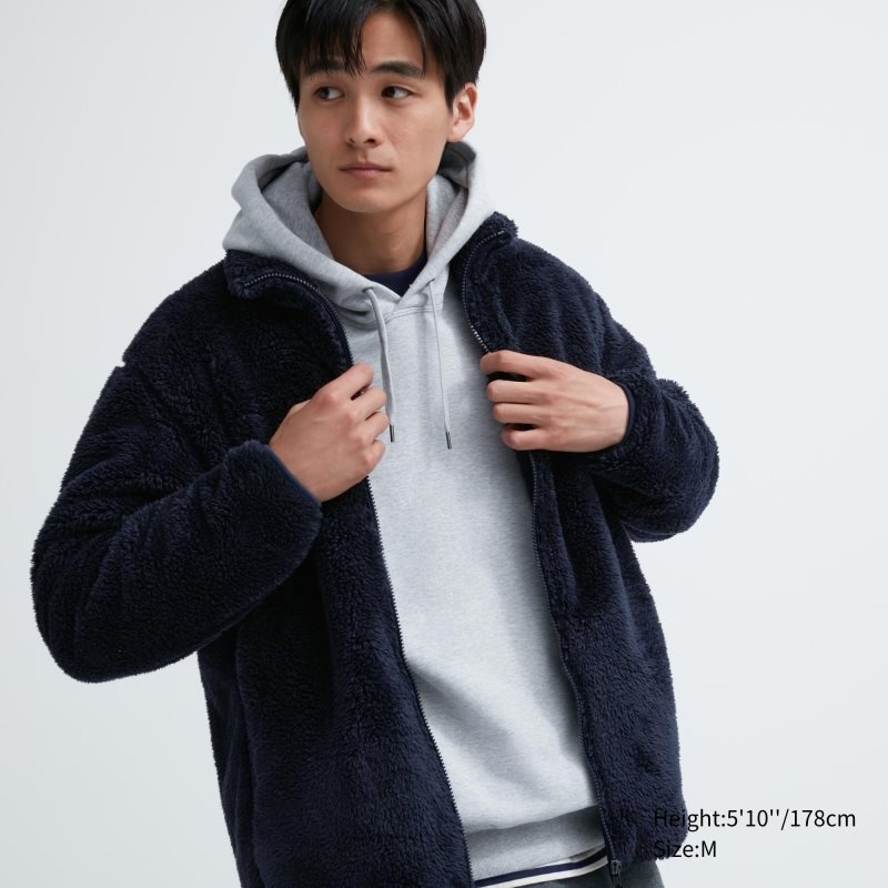 Navy Uniqlo Fluffy Yarn Fleece Full-Zip Men Jackets | 24893