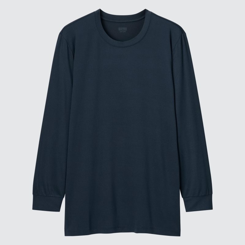 Navy Uniqlo Heattech Crew Neck Long-sleeve Men T Shirts | 9021458
