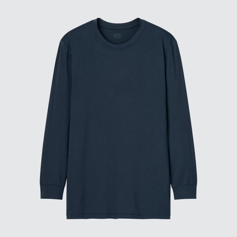 Navy Uniqlo Heattech Crew Neck Long-sleeve Men T Shirts | 4055800