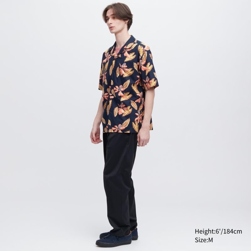 Navy Uniqlo Open Collar Short-sleeve Men Shirts | 5697189