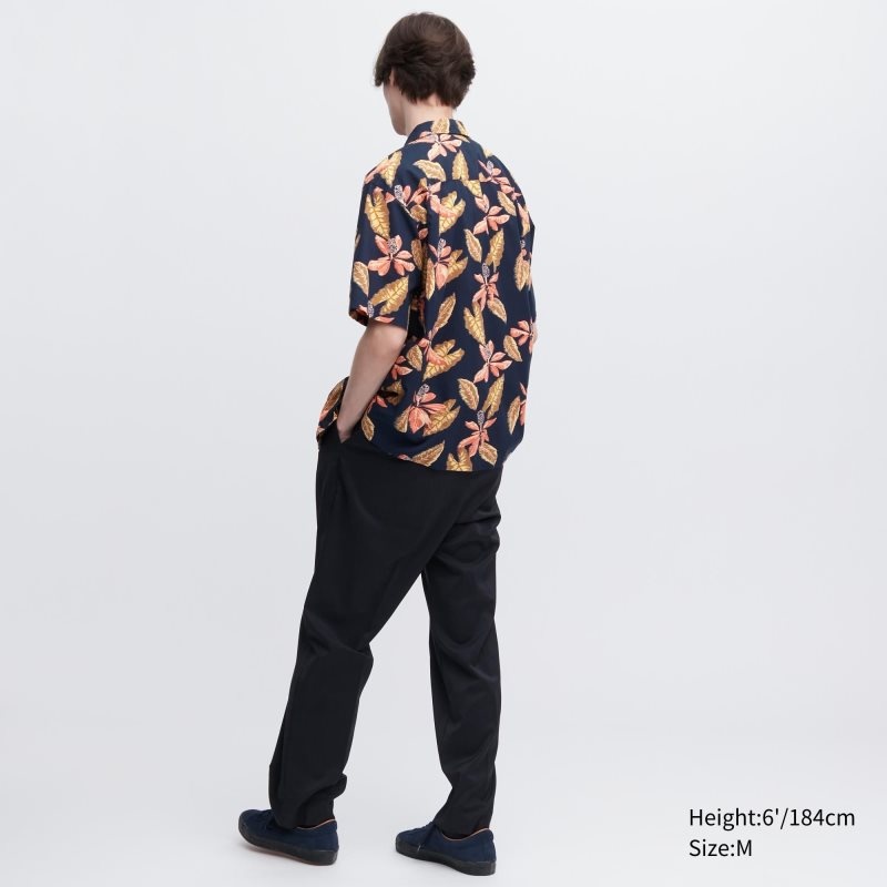Navy Uniqlo Open Collar Short-sleeve Men Shirts | 5697189