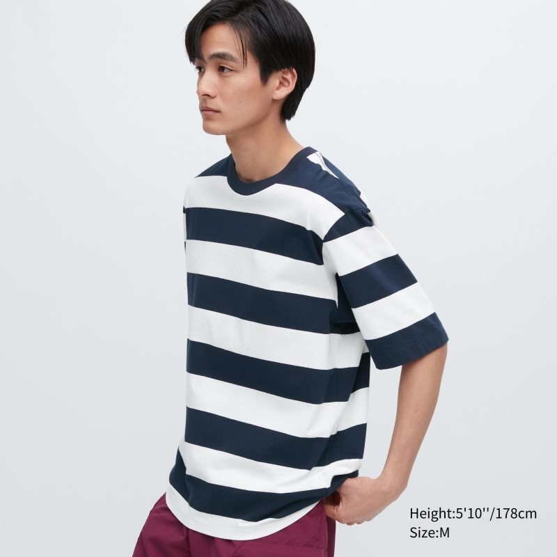 Navy Uniqlo Oversized Striped Half-sleeve Men T Shirts | 9559405