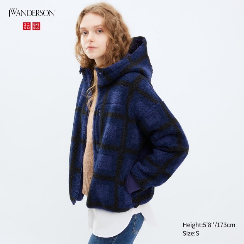 Navy Uniqlo Pile Lined Fleece Printed Full-Zip Women Hoodie | 5182767