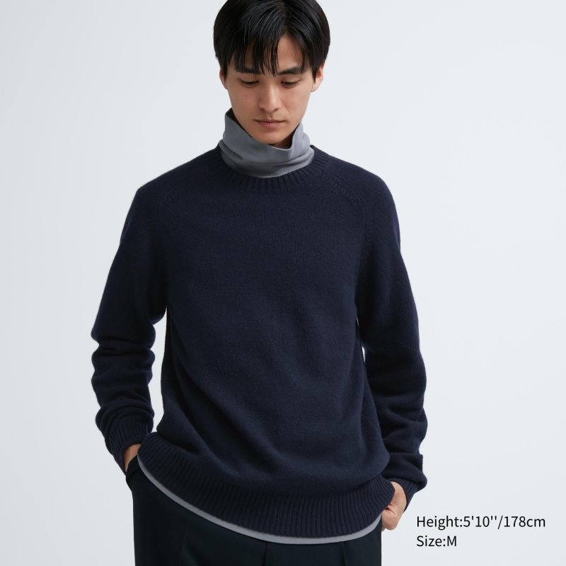 Navy Uniqlo Premium Lambswool Crew Neck Long Sleeve Men Sweaters | 4381818