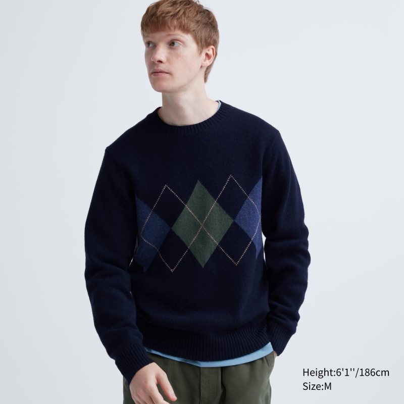 Navy Uniqlo Premium Lambswool Crew Neck Long-sleeve Men Sweaters | 3884029