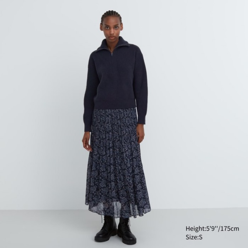 Navy Uniqlo Premium Lambswool Half-Zip Long-Sleeve Women Sweaters | 3669507