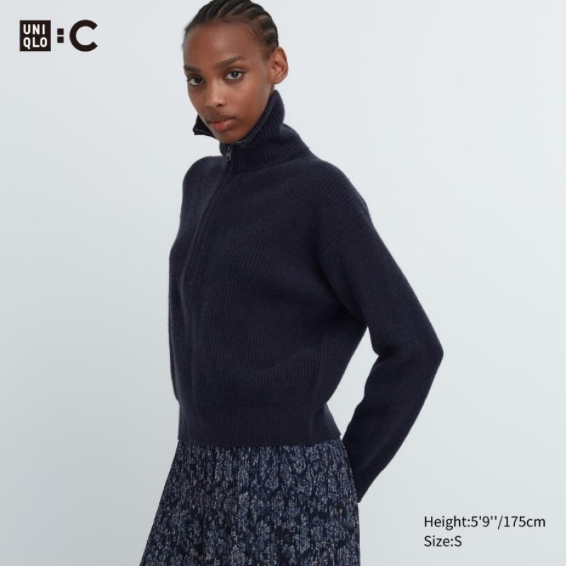 Navy Uniqlo Premium Lambswool Half-Zip Long-Sleeve Women Sweaters | 3669507