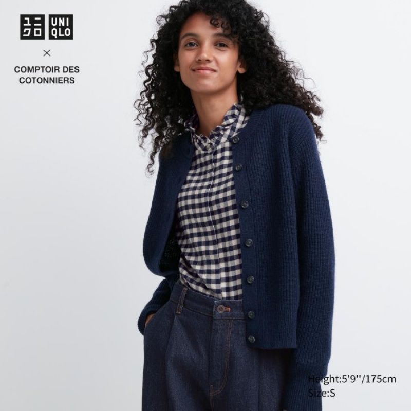 Navy Uniqlo Premium Lambswool Long-Sleeve Women Cardigan | 7698839