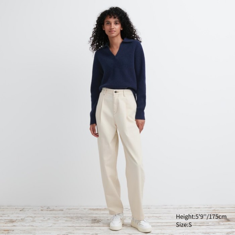 Navy Uniqlo Premium Lambswool Long-Sleeve Polo Women Sweaters | 7413751