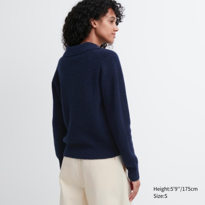 Navy Uniqlo Premium Lambswool Long-Sleeve Polo Women Sweaters | 7413751