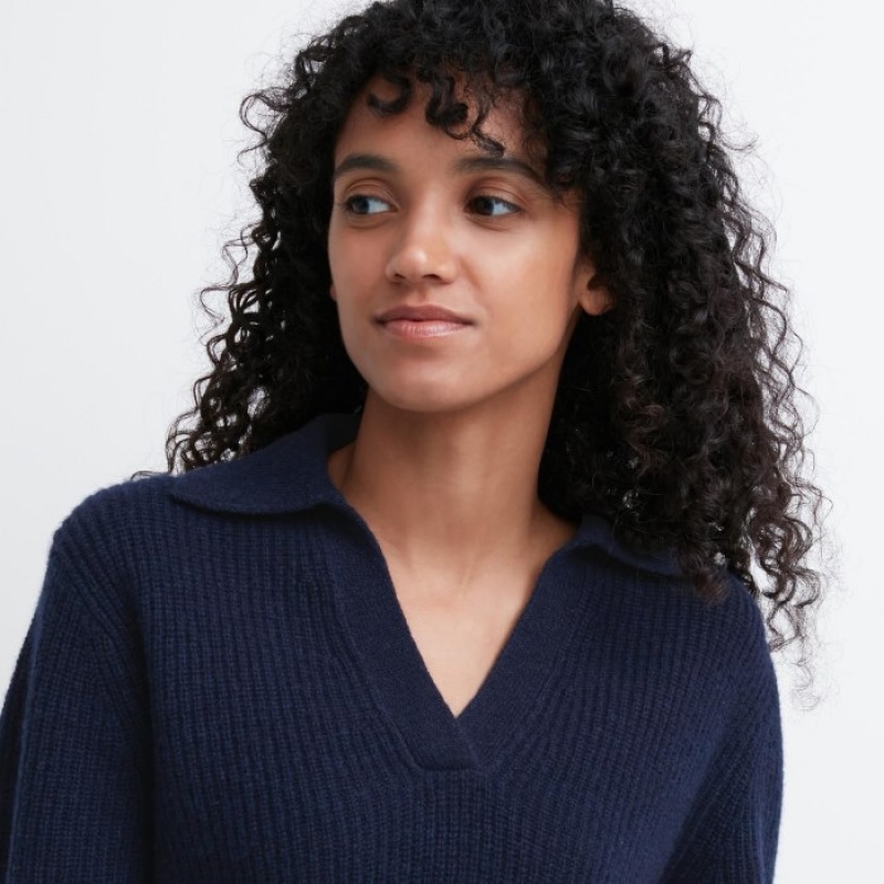 Navy Uniqlo Premium Lambswool Long-Sleeve Polo Women Sweaters | 7413751