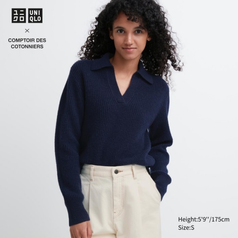 Navy Uniqlo Premium Lambswool Long-Sleeve Polo Women Sweaters | 7413751