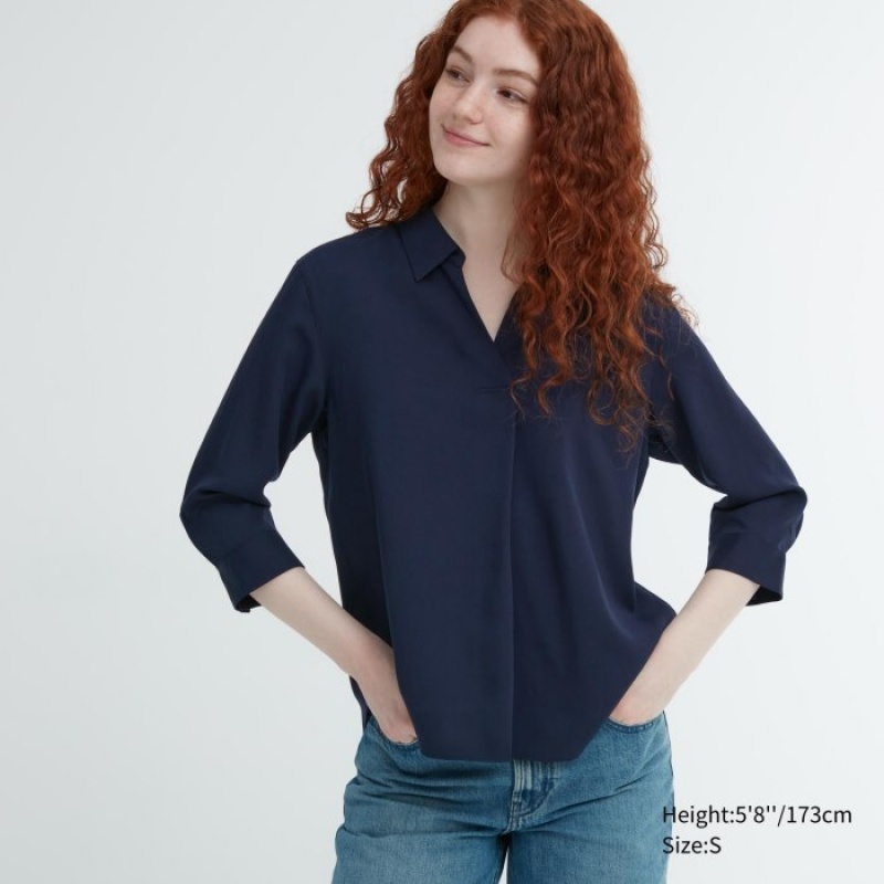 Navy Uniqlo Rayon Skipper Collar 3/4-Sleeve Women Blouse | 2497736