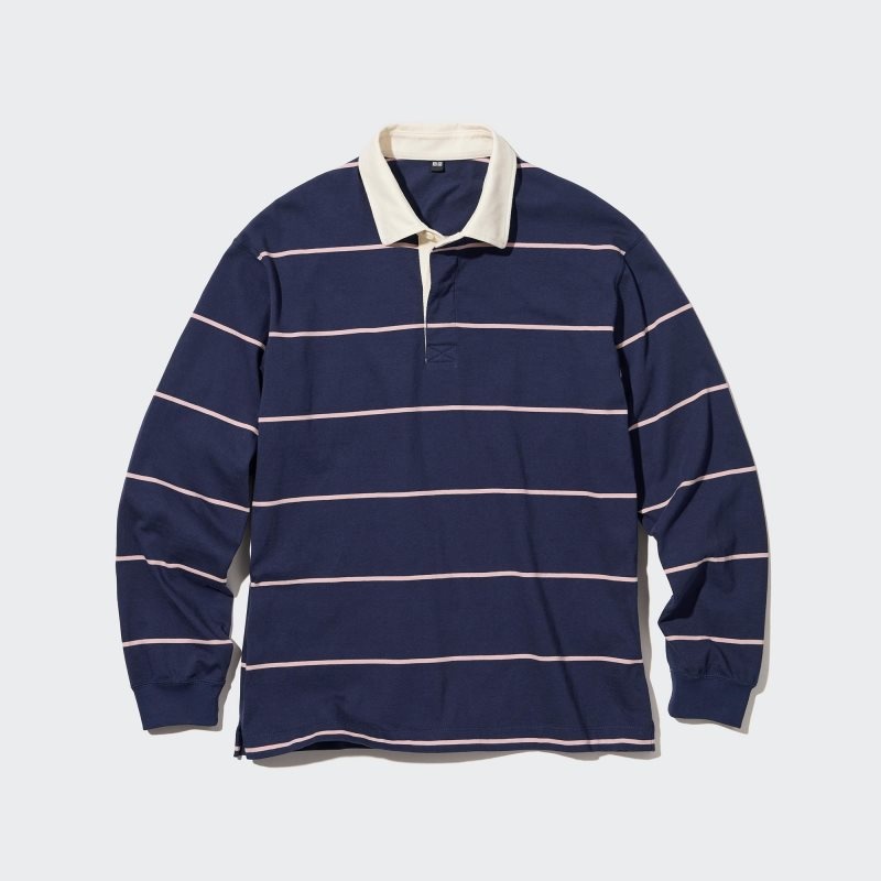 Navy Uniqlo Rugger Long-sleeve Men Polo Shirts | 772111