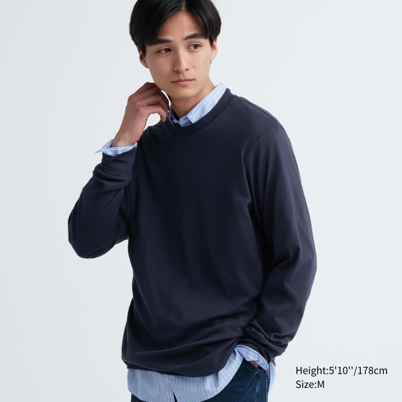 Navy Uniqlo Soft Brushed Crew Neck Long-sleeve Men T Shirts | 2556185