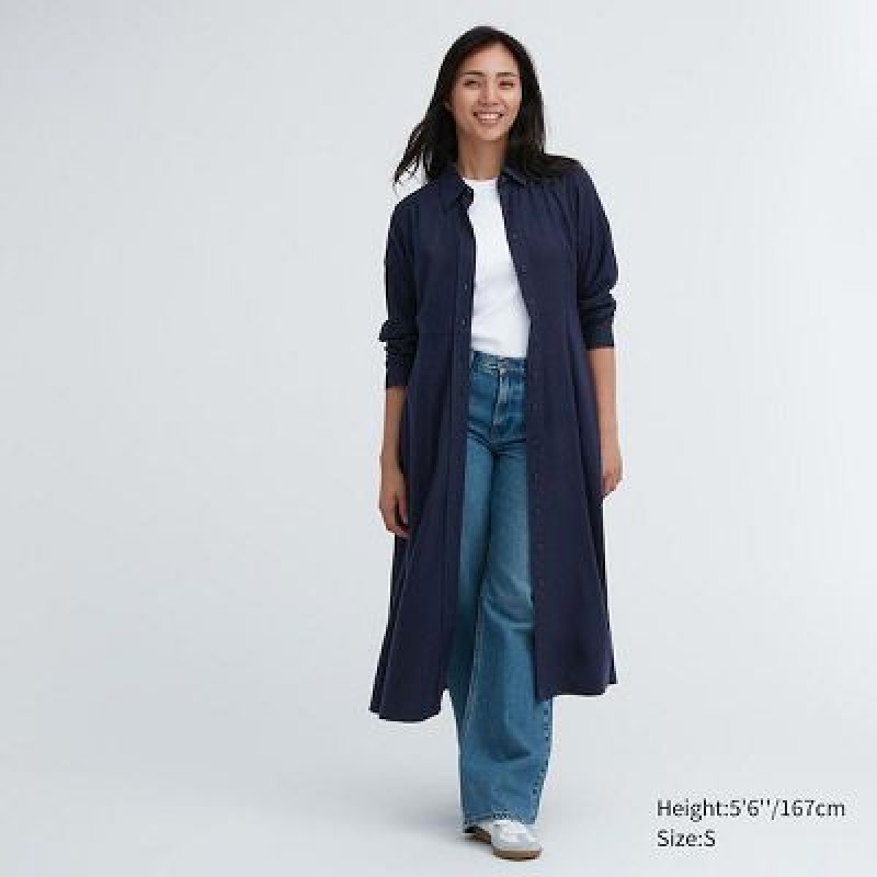 Navy Uniqlo Soft Brushed Long-Sleeve Women Dress | 5398323