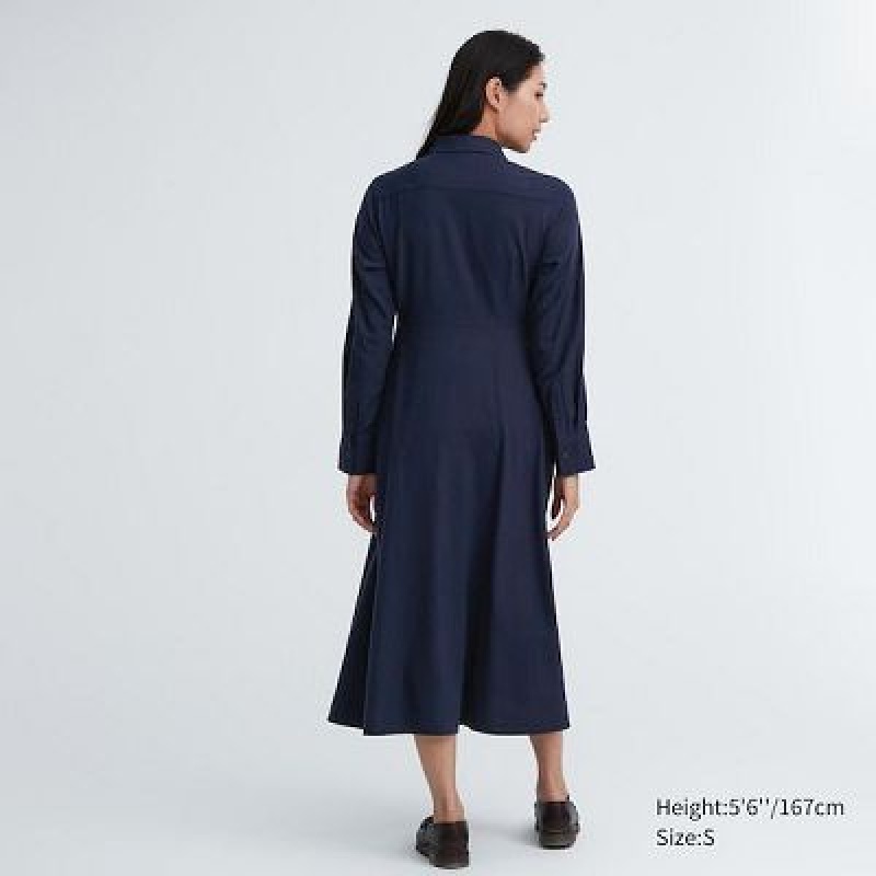 Navy Uniqlo Soft Brushed Long-Sleeve Women Dress | 5398323