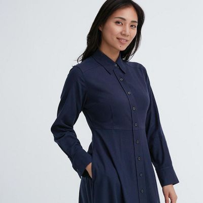 Navy Uniqlo Soft Brushed Long-Sleeve Women Dress | 5398323