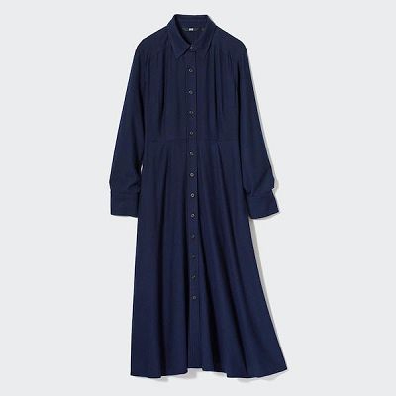 Navy Uniqlo Soft Brushed Long-Sleeve Women Dress | 5398323