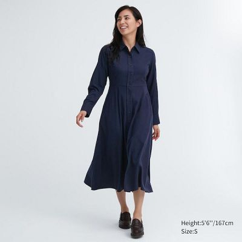 Navy Uniqlo Soft Brushed Long-Sleeve Women Dress | 5398323