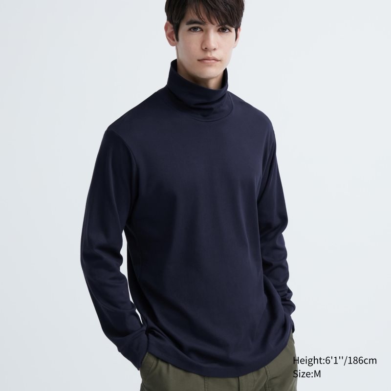Navy Uniqlo Soft Brushed Turtleneck Long-sleeve Men T Shirts | 2889155