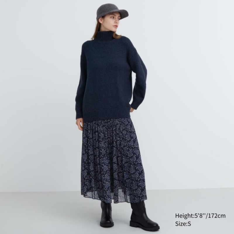 Navy Uniqlo Soft Knit High Neck Long-Sleeve Women Sweaters | 2456313