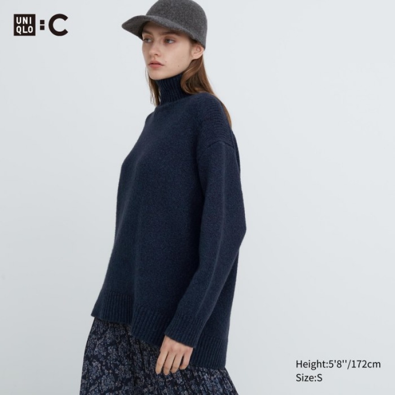 Navy Uniqlo Soft Knit High Neck Long-Sleeve Women Sweaters | 2456313