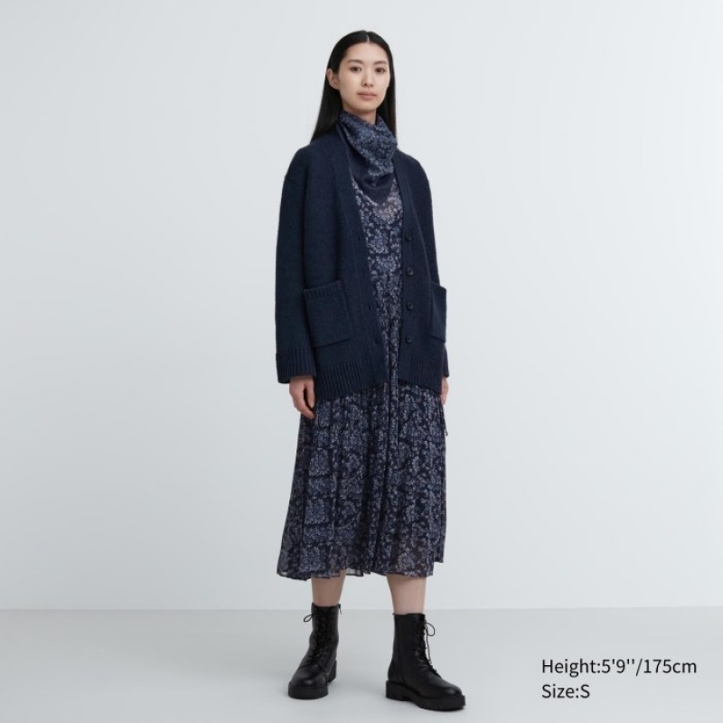 Navy Uniqlo Soft Knit V-Neck Flare Long-Sleeve Women Cardigan | 6329552