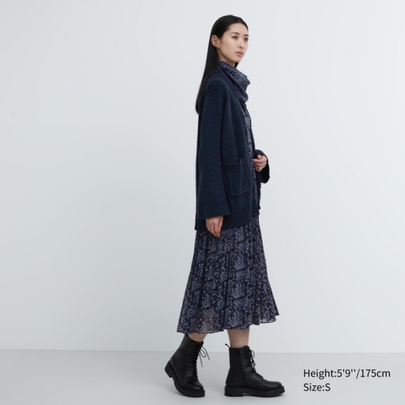 Navy Uniqlo Soft Knit V-Neck Flare Long-Sleeve Women Cardigan | 6329552