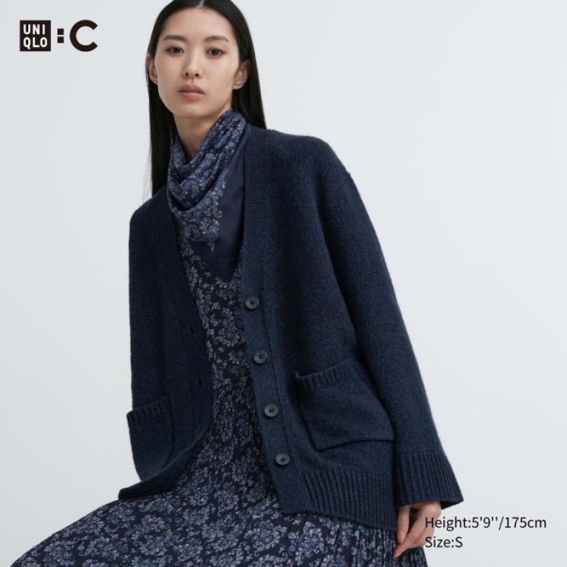 Navy Uniqlo Soft Knit V-Neck Flare Long-Sleeve Women Cardigan | 6329552