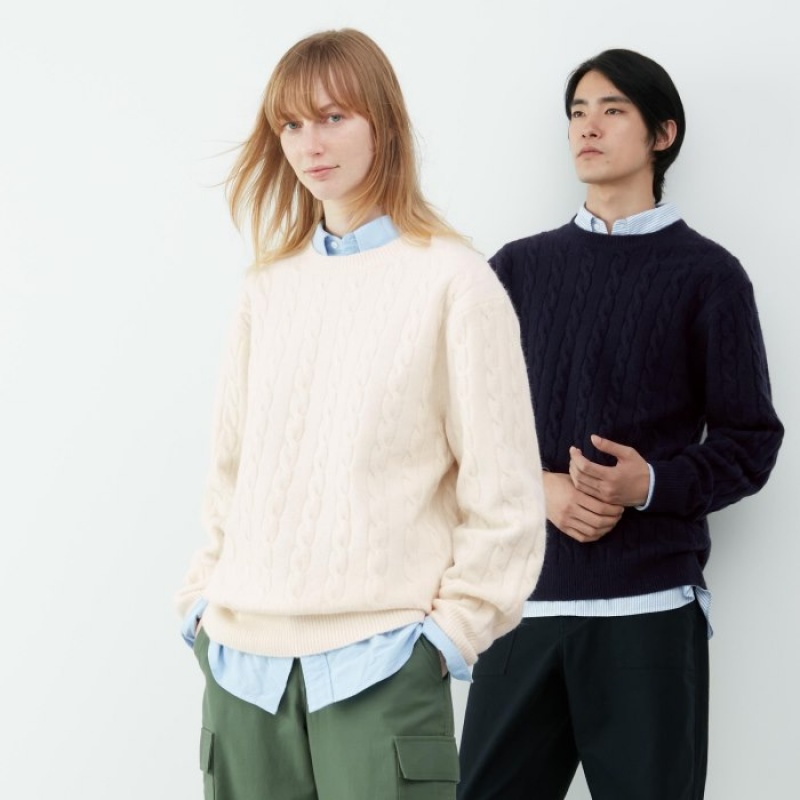 Navy Uniqlo Souffle Yarn Cable Crew Neck Long-Sleeve Women Sweaters | 7788585