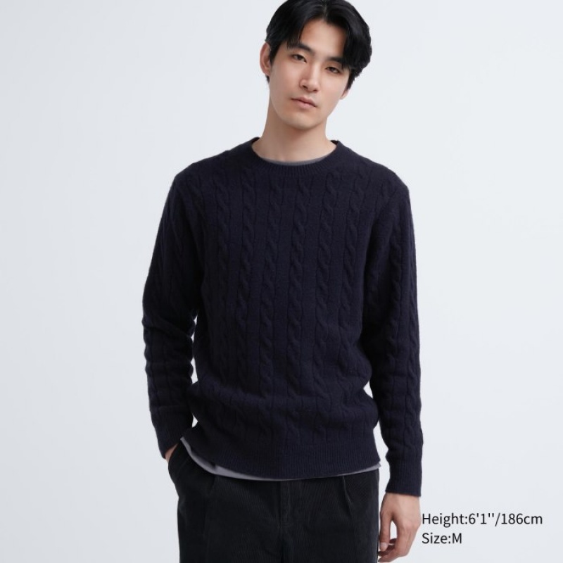 Navy Uniqlo Souffle Yarn Cable Crew Neck Long-Sleeve Women Sweaters | 7788585