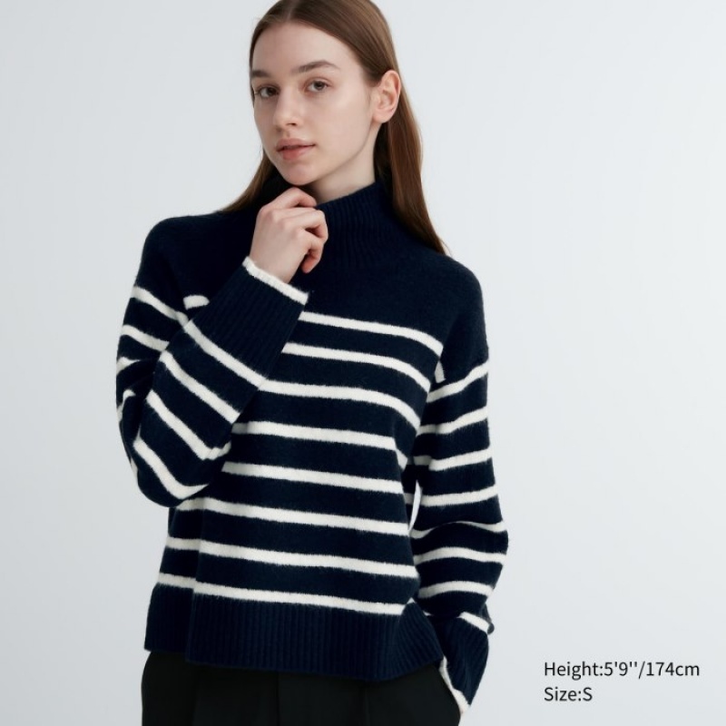 Navy Uniqlo Souffle Yarn Striped High Neck Long-Sleeve Women Sweaters | 6318748
