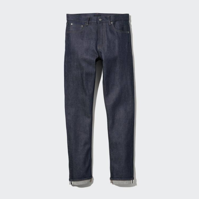 Navy Uniqlo Stretch Selvedge Slim Fit Men Jeans | 6085280