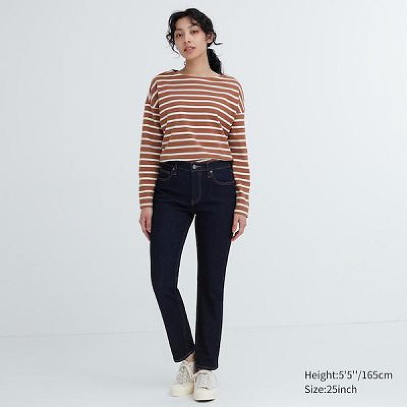 Navy Uniqlo Stretch Slim Straight Women Jeans | 7961567